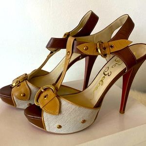 Gorgeous SERGIO ZELCER heels,leather handmade in Brazil, sz10, linen/red btm